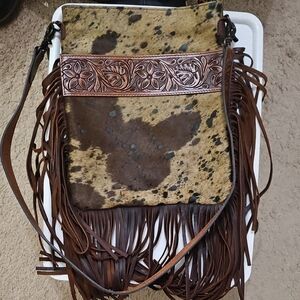 American Darling Hair-On Leopard Bag Brown and Tan Leather Fringe Bag
